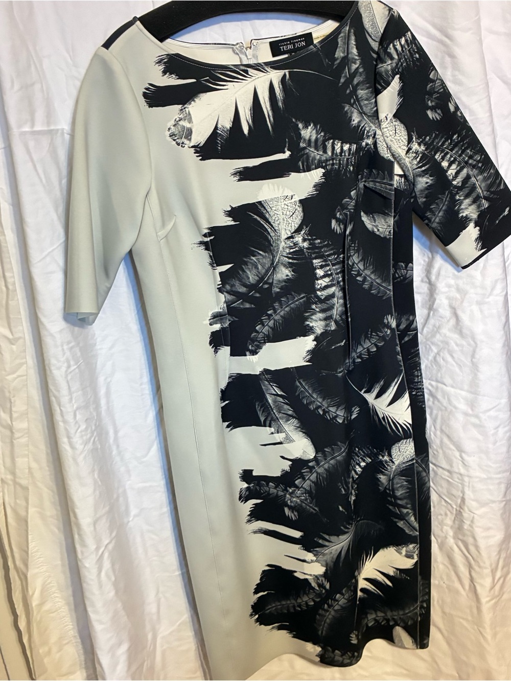 Teri Jon Black and Cream Feather-Print Sheath Dress